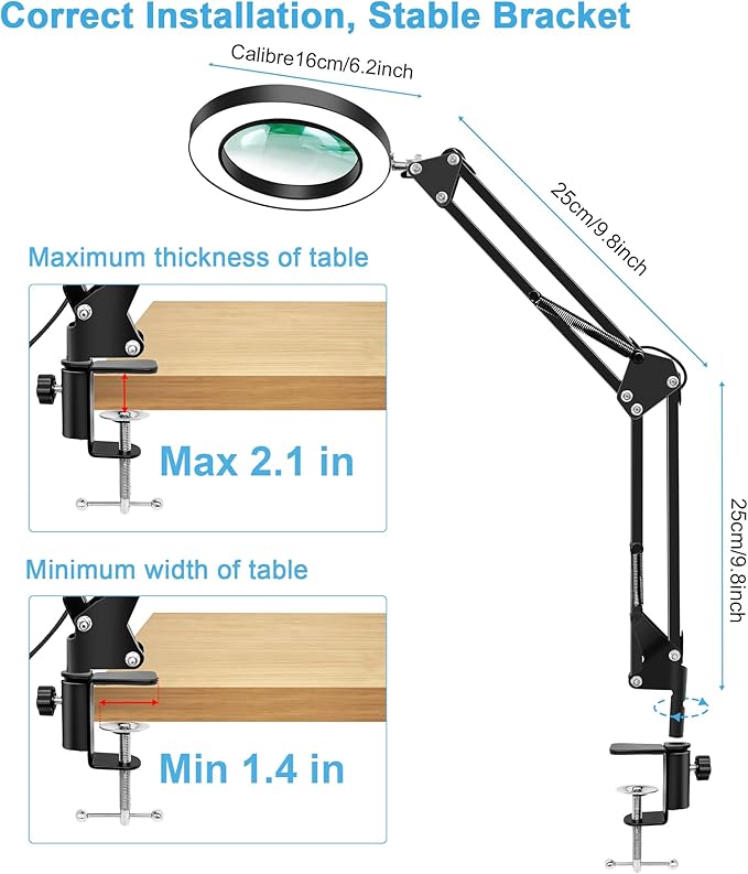 10X Magnifying Glass with Light and Clamp, Real Glass LED Lighted Magnifier, 3 Color Modes 10 Level Dimmable, Magnifying Lamp with Clamp for Reading Craft Hobby Close Work, Black