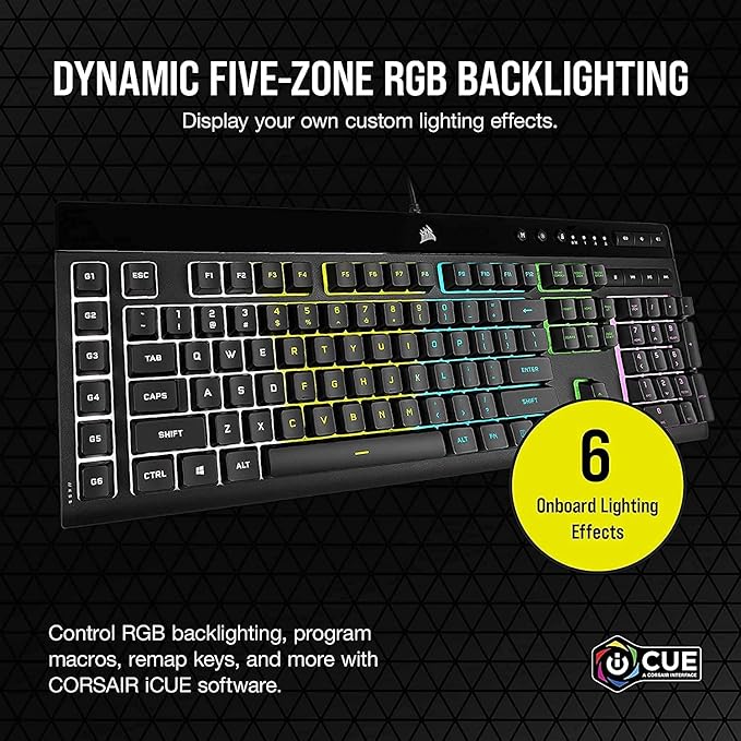 Corsair K55 RGB PRO Membrane Wired Gaming Keyboard – QWERTY US Layout, IP42 Dust and Spill-Resistant – 6 Macro Keys with Elgato Integration – iCUE Compatible – PC, Mac, Xbox – Black