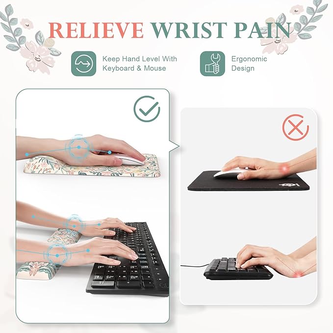 iLeadon Pink Desk Mat Set Cute, Non-Slip Mouse and Keyboard Pad Mat for Desk, Ergonomic Desk Mouse Pad Extra Large, Floral Teacher Desk Mat with Wrist Rest for Women Home Office