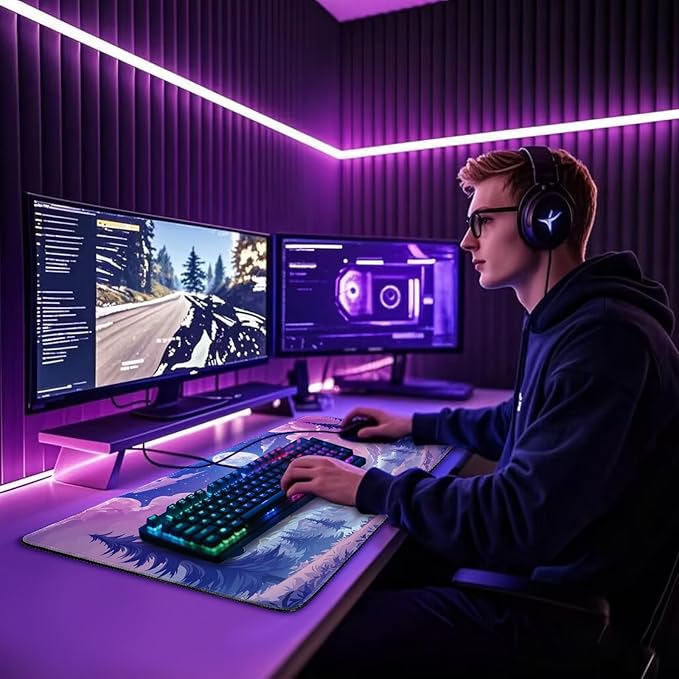 Mountain Moonlight Large Gaming Mouse Pad 31.5"x15.7"｜XXL Desk Mat, Non-Slip Rubber Base & Stitched Edges - Extended Waterproof Mousepad for PC/Laptop/Office/Home Decor