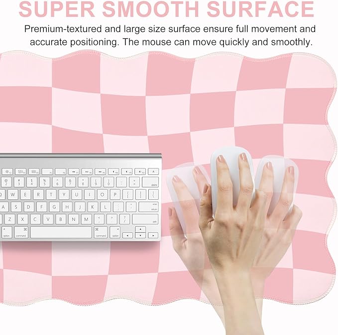 L-SPOUTTO Pink Mouse Pad,Geometric Desk Mat XXL Large Scalloped Gaming Mousepad,35.4x15.7in Non-Slip Rubber Base Keyboard Pad Waterproof Desktop Mat for Laptop Computer Game Home Office-Checkered