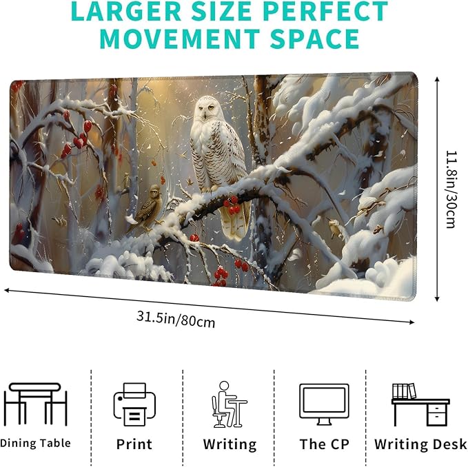 Winter Owl Gaming Mouse Pad,12x31.5in Non-Slip Rubber Elegant Snowy Forest Desk Mat,Large Extended Nature Mousepad for Office Home Laptop,Mice Pads Gifts,Game Lover Deskmat Decor