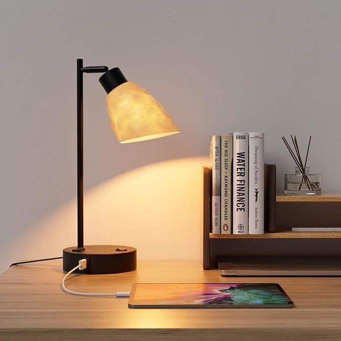 Neoglint Industrial Desk Lamp, Dimmable Table Lamp with USB C & A Ports + AC Outlet, Vintage Nightstand Lamp with 3D Lunar Texture Shade & LED Bulb, Adjustable Reading Light for Bedroom, Black