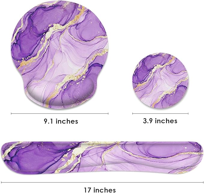 Britimes Purple Gold Marble Ergonomic Mouse Pad Set with Wrist Rest Non-Slip Rubber Base Wrist Cushion Support and Coasters Mousepad with Wrist Support for Computer Keyboard and Desk