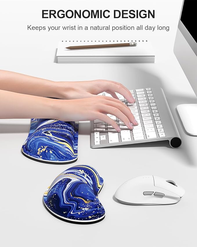Auhoahsil Large Mouse Pad with Wrist Rests for Keyboard & Mouse, Thick Soft Ergonomic Memory Foam Wrist Supports, Big & Long Desk Mat 35.5 x 15.7 in, for Office Gaming Computer, Navy Marble