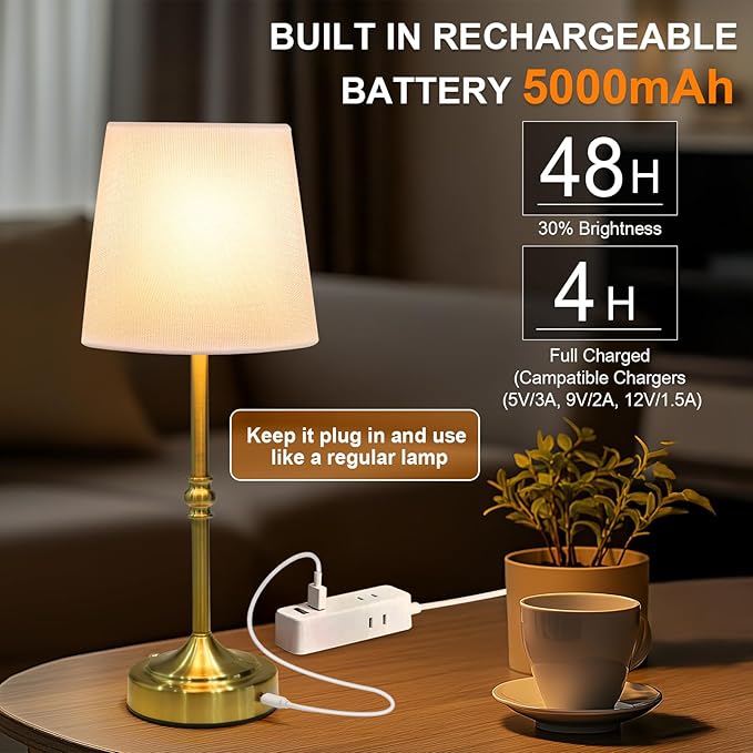 Rechargeable Cordless Table Lamp, 5000mAh Battery Operated Lamp, Wireless 3-Level Dimmable Touch Lamp, Portable Night Bedside Brass Lamp, Desk Light for Home Decor, Patio, Restaurant, Dinning