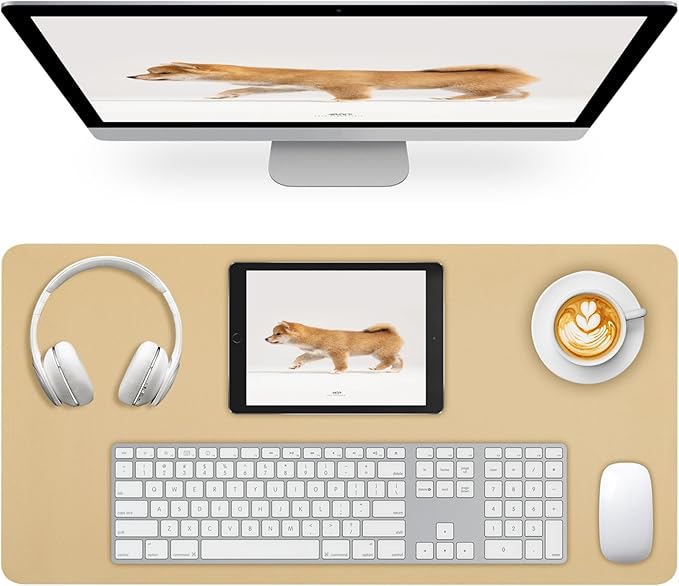 Non-Slip Desk Pad Mat, Leather Desk Mat for Desktop Latte, Waterproof Computer Mouse Mat Desktop Protector for Office/Home, 23.6" x 13.7"