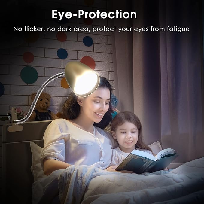 Energetic Lighting Clip on Light for Bed, Non-Dimmable Clip on Reading Light for Bed, 4000K Cool White, 3.5W 240 LM Desk lamp with clamp, Eye Protection, ETL Listed, Gold