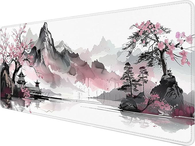 Cherry Blossom Desk Mat Gaming Mouse Pad Pink Watercolor Japanese Extended Gaming Mat with Stitched Edge Non-Slip Base Big Office Computer Keyboard Laptop Home 31.5"x11.8"