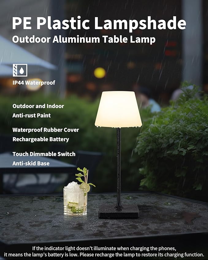 Outdoor Waterproof Cordless Table Lamp, 4000mAh Portable Rechargeable Battery Powered Dimmable LED Touch Table Light, Modern Night Light for Bathroom, Shower, Patio, Bedroom (Black 14.5")