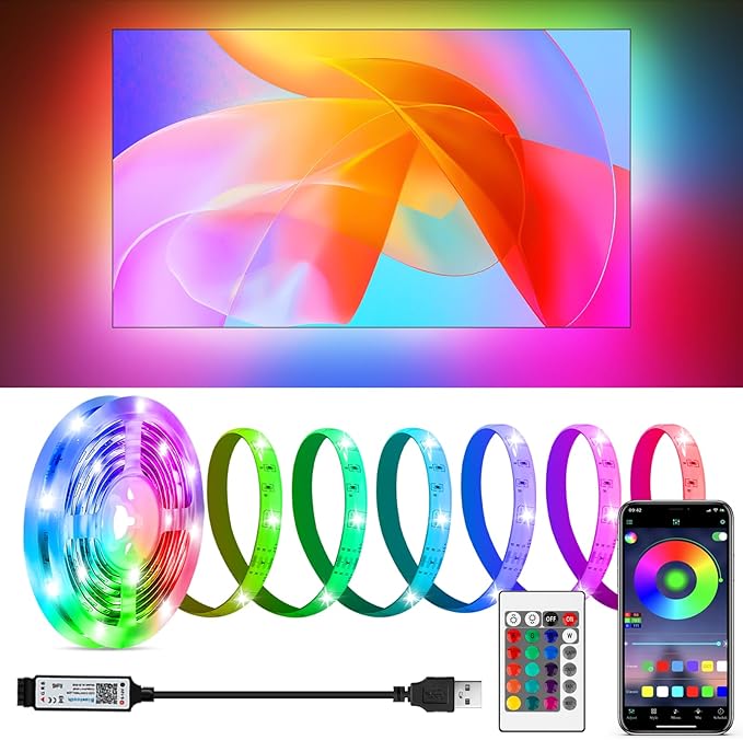 HOUHUI LED Strip Lights for TV, 9.8Ft RGB LED Lights for 32-50in TV Behind, App Control Music Sync Strip Lights IP65 Waterproof with Remote, USB LED Strips Bias Lighting for Bedroom PC Monitor Desk