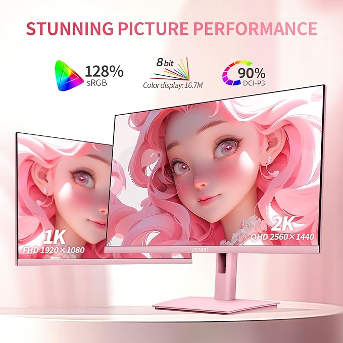 27 Inch Pastel Pink Gaming Monitor QHD 2560x1440 180/200Hz 1ms GTG Fast IPS Computer Monitor, 90% DCI-P3, Adaptive Sync, Built in Speaker, Height/Swivel/Tilt/Pivot Adjustable Stand, HDMI,DP
