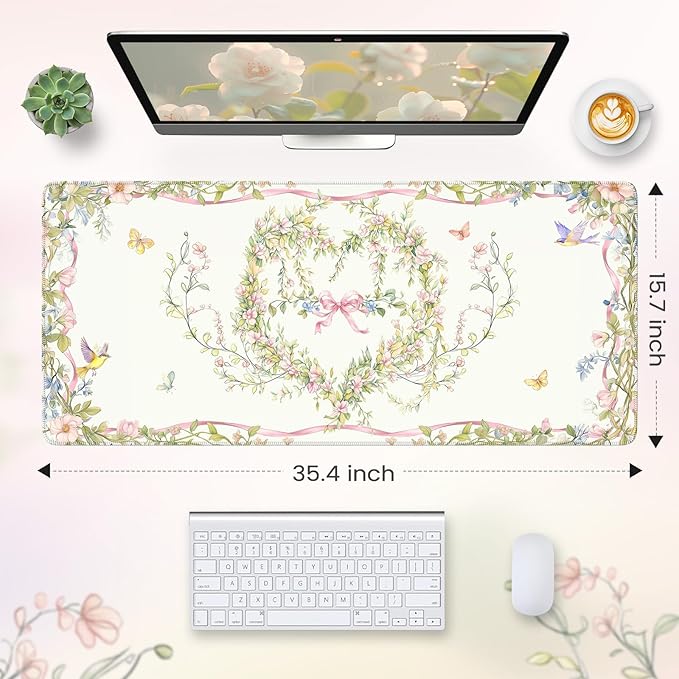 HAOCOO Floral Bow Cute Desk Mat,Sweet Heart Keyboard Mats for Desk, XXL Mouse Pad with Non-Slip Rubber Base, Desk Pad Mat with Stitched Edges, Waterproof Computer Mats for Desktop, Desk Pad Protector
