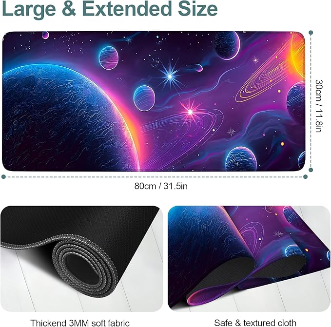Interstellar Extended Gaming Mouse Pad 31.5x11.8inches Large Desk Mat Anti-Slip Rubber Base & Durable Stitched Edges for Gamers Smooth Mouse Writing Surface for Desk Office/Home