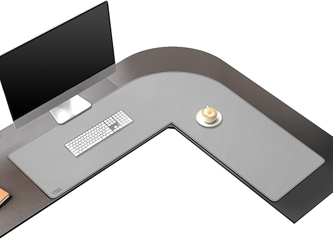 Vyaaa L Shaped Desk Mat Leather Desk Pad, PU Leather Corner Desk Mat for Computer, Gaming, Writing, Home and Office, 39.4"x 39.4"x 13" Light Gray