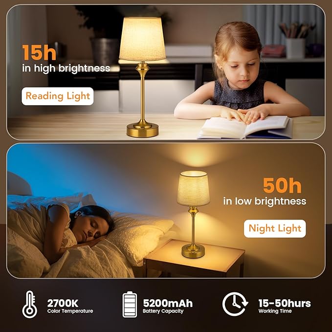 NIORSUN Portables Cordless Table Lamp Set of 2,Flaxen Fabric Shade Battery Operated Lamp, Bedside Table Lamp with Warm White,3 Way Dimmable Touch Desk Lamp for Bedroom Living Room Restaurant (Gold)