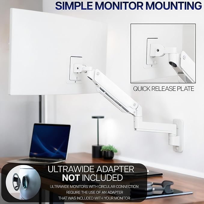VIVO Premium Aluminum Heavy Duty Monitor Arm for Ultrawide Screens up to 49 inches and 44 lbs, Single Wall Mount, Pneumatic Height, Max VESA 100x100, White, MOUNT-V101G1W