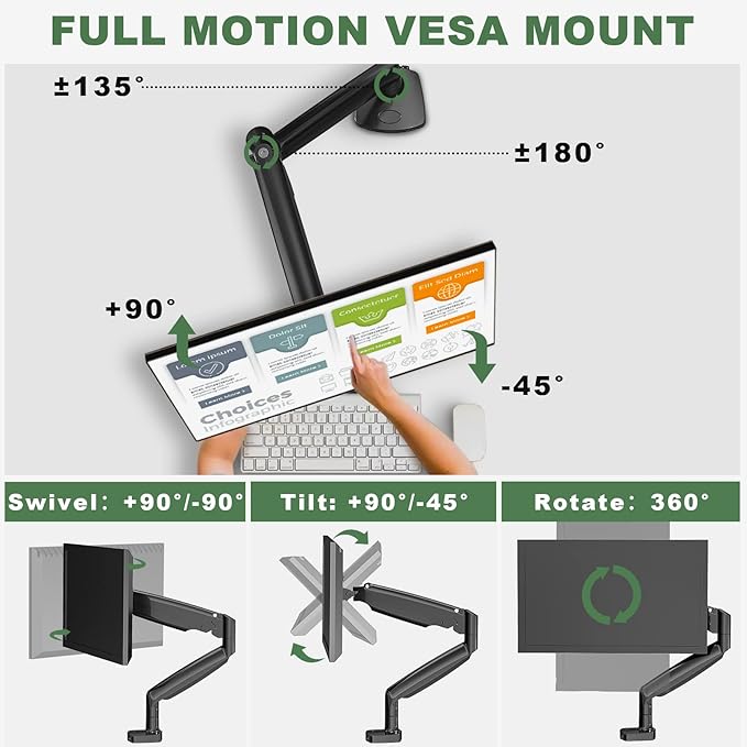 Sinlge Monitor Mount for 13 to 34 inch Flat/Curved Computer Screen, Gas Spring Ultrawide Monitor Arm Holds up to 26.5 lbs, Clamp & Grommet Base, VESA 75x75/100x100mm, Black