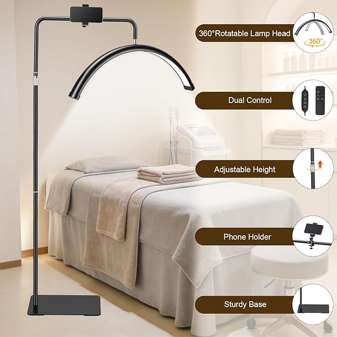 Half Moon Lash Light with Phone Holder, 28" LED Esthetician Floor Lamp for Eyelash Extensions, Dimmable Professional Beauty Light for Lash Artists, Tattoo, Nail Art, Facial, Skincare & PMU Salon