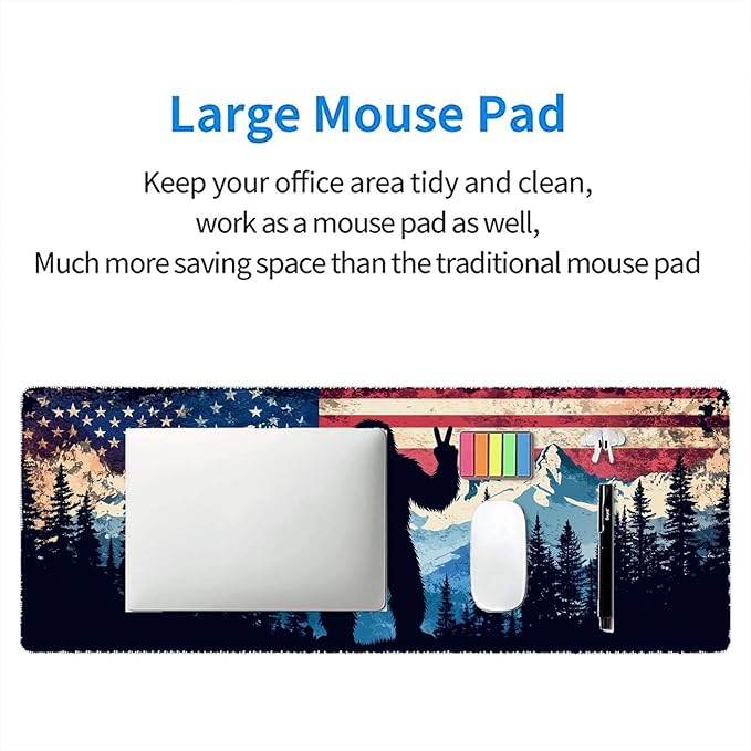 American Flag Bigfoot Desk Mat Gaming Mouse Pad Forest Mountain Extended Gaming Mouse Pad Mat with Stitched Edge Non-Slip Base Big Mouse Pad Office Computer Keyboard Laptop Home 31.5"x11.8"