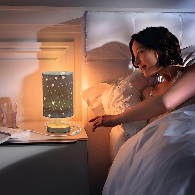 Black Star LED Table Lamp, Bedside Lamp with Linen Lampshade, Flicker-Free Eye Care USB Plug in Nightstand Lamp, for Bedroom and Office