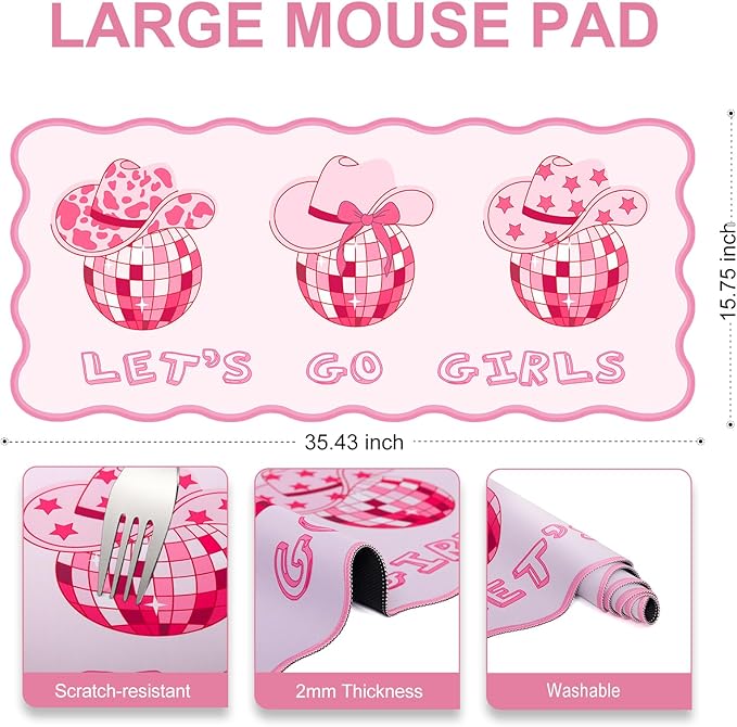 L-SPOUTTO Pink Mouse Pad,Retro Western Cowgirl Desk Mat Large Scalloped Gaming Mousepad,35.4x15.7in Non-Slip Rubber Base Keyboard Pad Waterproof Desktop Mat for Laptop Computer Game Office-Cowgirl