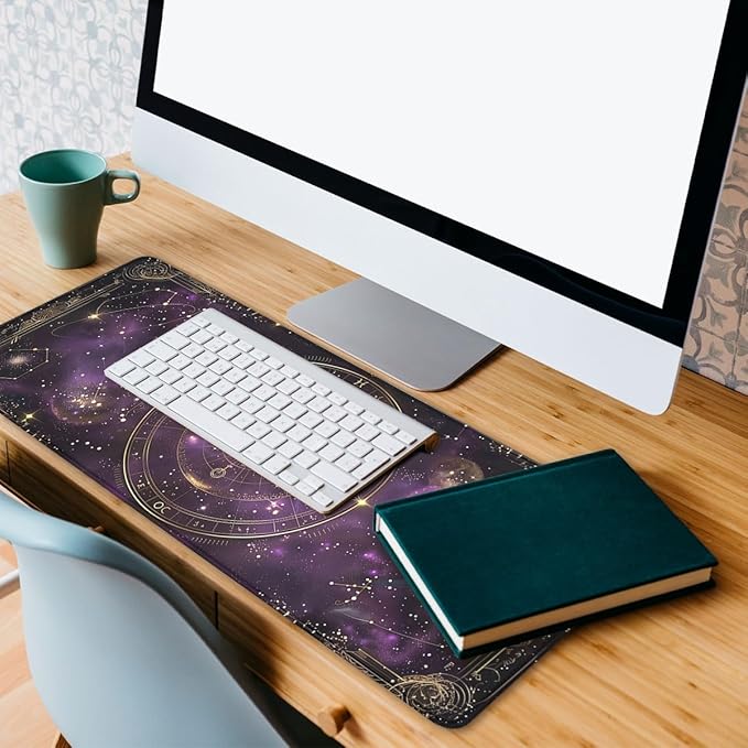 Purple Star Moon Card Desk Pad Mouse Pad Mysterious Galaxy Large Gaming Mouse Mat with Stitched Edges,Non-Slip Waterproof Rubber Base Mous Mat 35.4"x15.7" Office Computer Keyboard Laptop Home