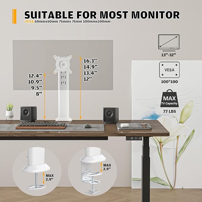 Hemudu Single Desk Monitor Arm Mount Stand Fit for 13 inch to 32 inch Flat Curved Computer Screen with Swivel, Height Adjustable, Rotation,Holds up to 77lbs, White