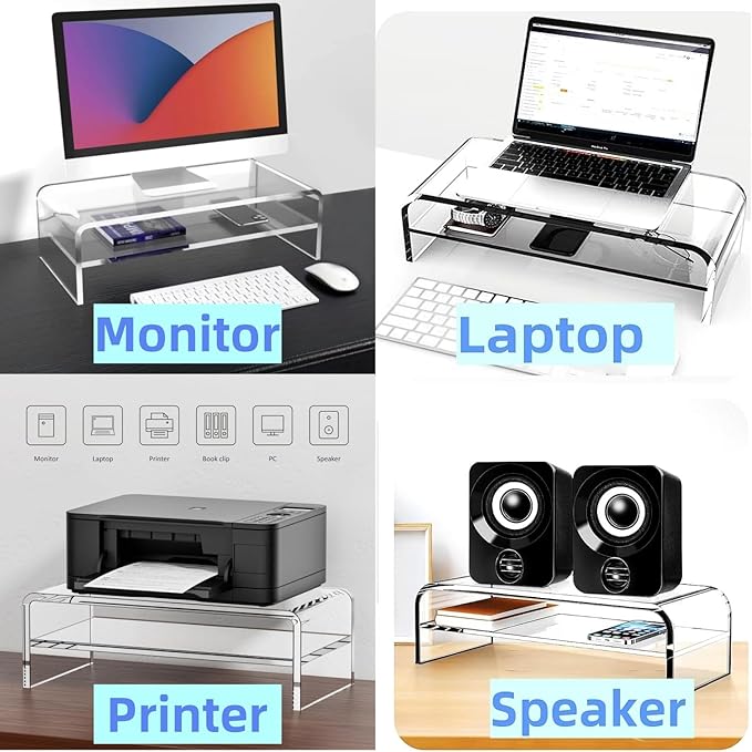 Acrylic Monitor Stand - 16/20 inch 2 Tier Riser for iMac, PC, Desktop, Laptop, TV with Storage Shelf, Home Office Desk Organizer