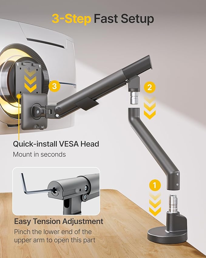 monTEK Heavy Duty Single Monitor Arm for 17-40 Inch Screens, Full Motion Monitor Mount Up to 24.3lbs, Aluminum Monitor Stand with VESA 75/100mm, C-Clamp/Grommet Base for Curved Screens, Gray