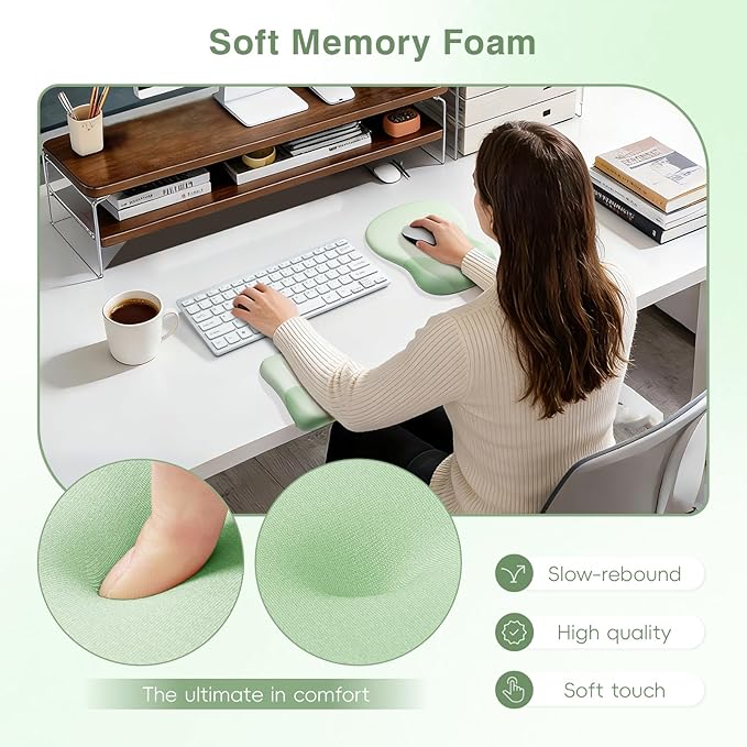 Ospelelf Mouse Pad with Wrist Rest Set Foam L-Shaped Desk Elbow Pad Ergonomic Desk Edge Cushion Anti-Slip Rubber Bottom Office Women Desk Accessories for Computer, Laptop and Gaming, Light Green