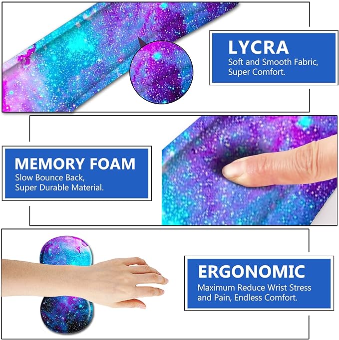 AIMSA Keyboard Wrist Rest Support + Mouse Pad + Mouse Wrist Rest + Coaster, Ergonomic Memory Foam Anti-Slip Rubber Base 4 PCS Set Easy Typing Pain Relief, Galaxy Nebula Universe