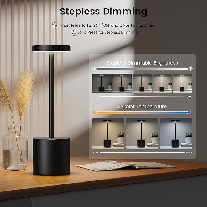 SAKRINGT 2 Pack Rechargeable Table Lamp, LED Cordless Table Lamp,5000mAh Battery Operated Portable Table Light,Dimming for Restaurant/Patio/Outdoor(Black)