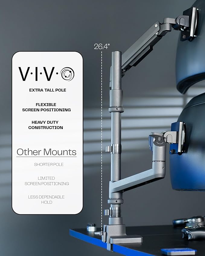 VIVO Pneumatic Arm Dual Ultrawide Monitor Extra Tall Desk Mount for Up to 49 inch Screens, Heavy Duty Clamp, Holds 2 Ultra Wides Up to 44 lbs, Black, STAND-V120K
