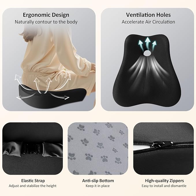 Seat Cushion, Lumbar Support Pillow for Office Chair, Memory Foam Coccyx Seat Cushion, Ergonomic Mesh Back Support Pillow, Office Desk Chair Cushion for Coccyx & Lumbar Ergonomic Support, Black