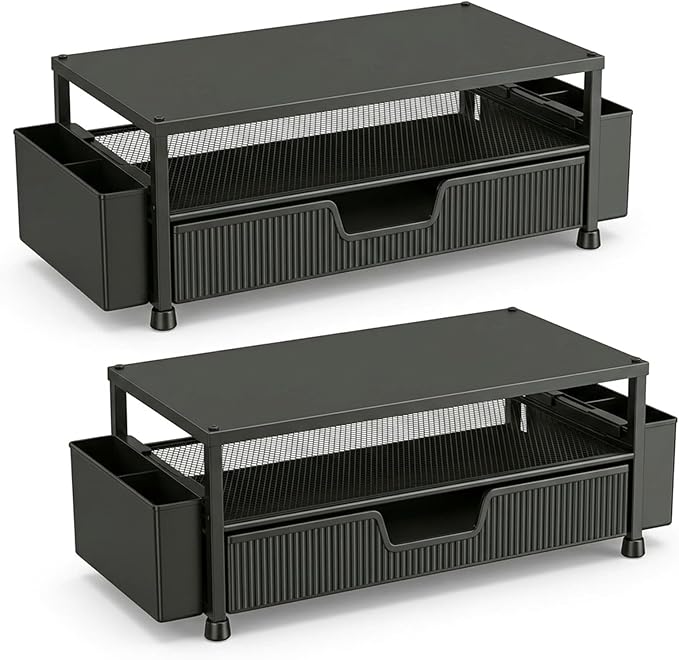 Desk Organizer and Accessories, 2-Tier Computer Monitor Stand Rise with Storage Drawer & 2 Pen Holders, Laptop & Printer Stand for Desktop, Workspace Organizers for Office Supplies (Black 2-Pack))