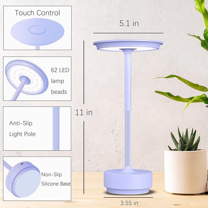 2 Pack Cordless Table Lamps Rechargeable, 5000mAh Portable LED Table Light, 3 Color Stepless Dimming Battery Powered Table Lamp, for Patio/Restaurant/Home/Outdoor.(Light Purple)