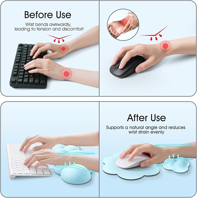 Cloud Wrist Rest Keyboard Cushion, 4-in-1 Ergonomic Cloud Keyboard Wrist Rest and Mouse Pad Set with Memory Foam Arm Support for Palm, Cute Desk Accessory for PC Gaming Setup, Blue