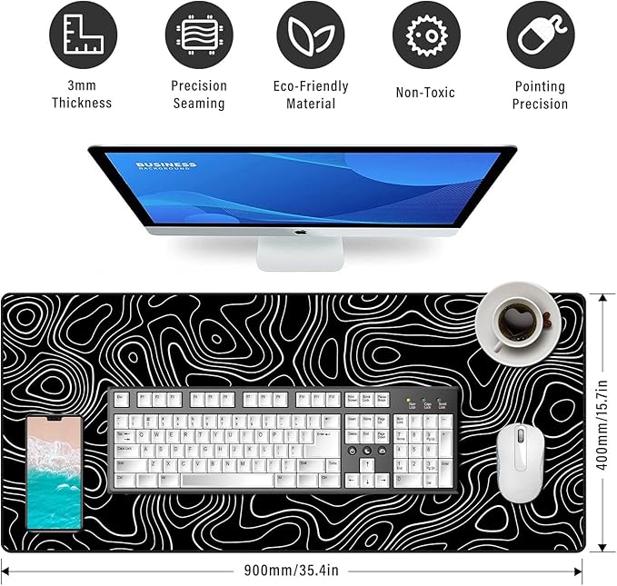 Large Gmaing Mouse Pad with Stitched Edges, Superior Micro-Weave Cloth, Non-Slip Base, Size 35.4 X 15.7X 0.12inches - Black Topographic Contour