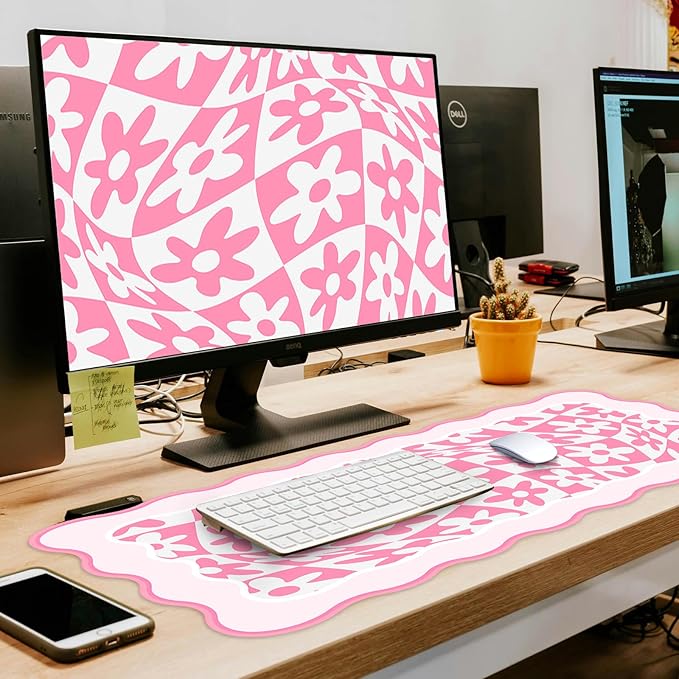 L-SPOUTTO Pink Mouse Pad,Retro Desk Mat XXL Large Scalloped Gaming Mousepad,35.4x15.7in Non-Slip Rubber Base Keyboard Pad Waterproof Desktop Mat for Laptop Computer Work Game Home Office-Pink Daisy