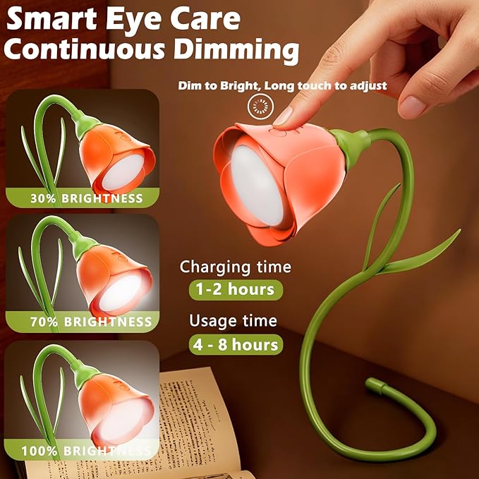 Rose Flower Lamp Rechargeable Reading Light for Bed,3-Color Modes Adjustable Brightness Small Night Light Neck Reading Light,Festival Gifts for Kids Mom Girlfriend Grandma(Orange-red)