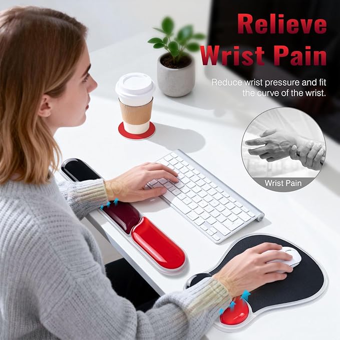 Ospelelf Mouse Pad with Wrist Rest Set Gel Ergonomic Keyboard Wrist Support Anti-Slip Rubber Bottom Office Women Desk Accessories for Computer, Laptop and Gaming, Black and Red