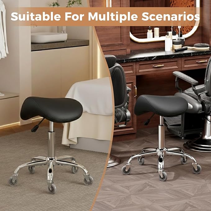 BEWISHOME Ergonomic Rolling Saddle Stool, Height-Adjustable Rolling 360° Swivel Saddle Stool Chair with Thickened Saddle Seat Padding, for Salons, Spas, Office, Black BMD02B
