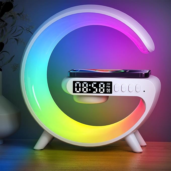 2025 New Mini LED Table Lamp, Wireless Charging Atmosphere Lamp, Bluetooth Speaker, Dimmable Night Light, Bedside Lamp, Alarm Clock for Christmas Gifts (White)