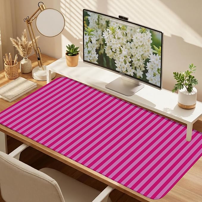 Hot Pink Striped Desk Mat Cute Pastel XXL Large Gaming Mouse Pad Desk Pad Kawaii Aesthetic Cozy Keyboard Laptop Computer Mat Home Office Decor for Women 31.5 * 15.7"
