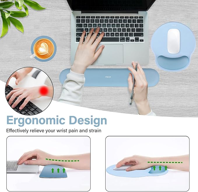 MOSISO Wrist Rest Support for Mouse Pad&Keyboard Set, Circle Curved Ergonomic Mousepad&Coaster Non-Slip Base Home/Office Wrist Support&Easy Typing Pad with Soft Cloth&Silicone Lining, Air Blue