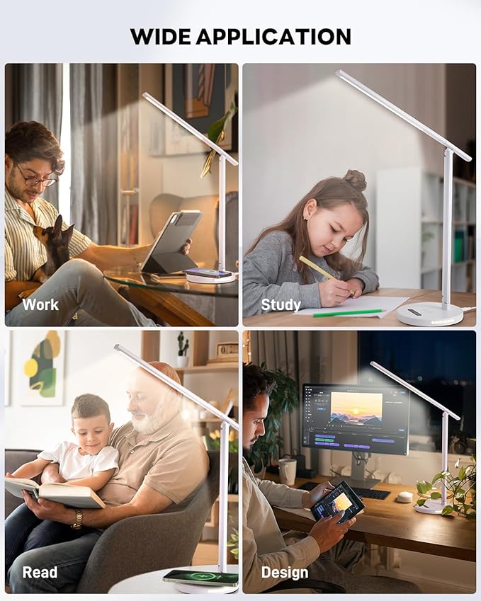 Upgraded LED Desk Lamp with Wireless Charger, Stepless Dimmable Foldable Table Lamp for Home Bedroom Office Sturdy Room, 3 Color Temperatures, Memory Function