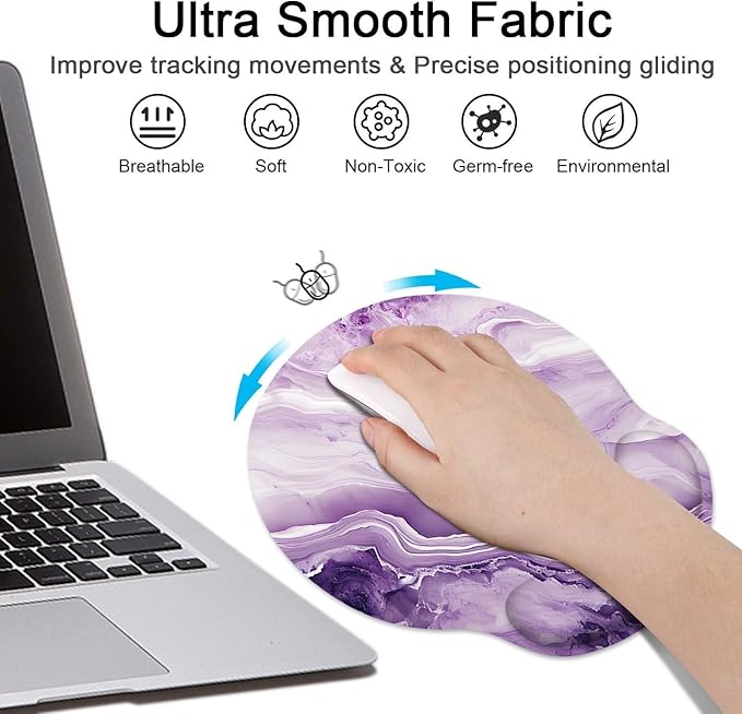 Britimes Purple Marble Gold Ergonomic Mouse Pad Set with Wrist Rest Non-Slip Rubber Base Wrist Cushion Support and Coasters Mousepad with Wrist Support for Computer Keyboard and Desk