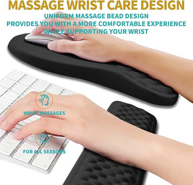 Hokafenle 2 in 1 Ergonomic Mouse Pad Wrist Support & Wrist Rest for Computer Keyboard Set, with Memory Gel Massage Bulge Design (2In1 Set, Black)