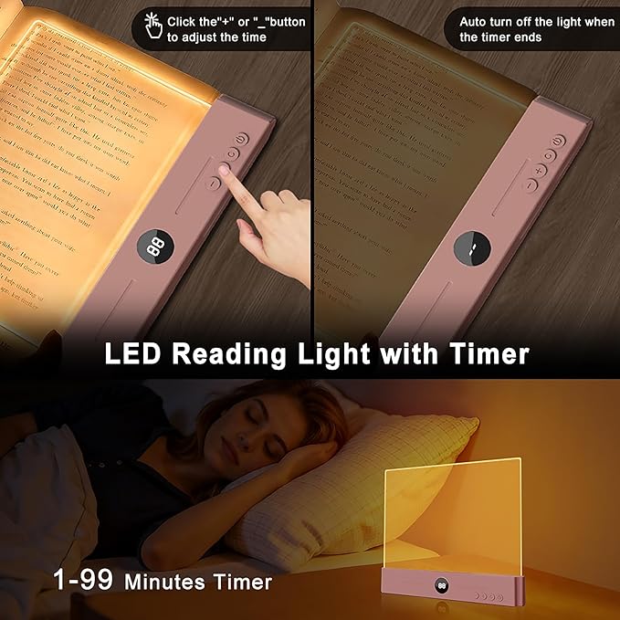 LED Book Light and Night Light 2 in 1, USB Rechargeable Clear Flat Book Light with 3 Colors & Timer, Dimmable Book Lights for Reading at Night, Scratch-Resistant, Eye-Care (Pink)